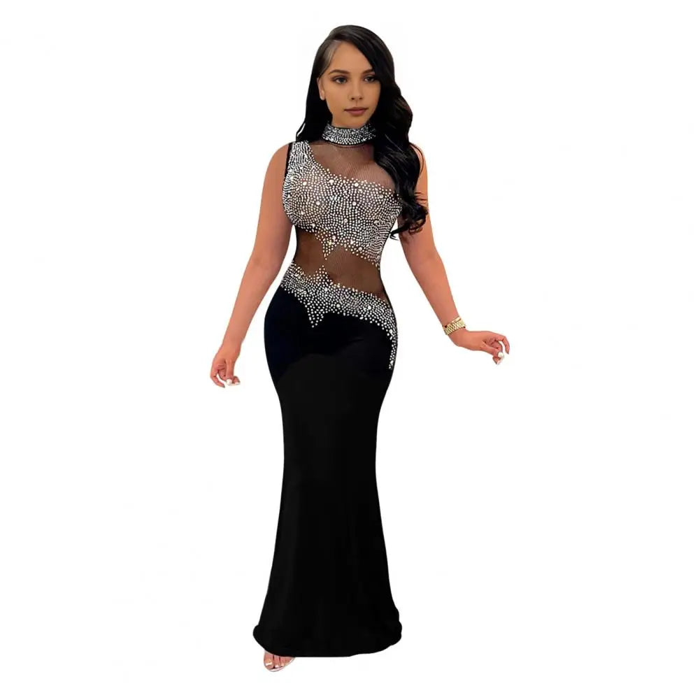Women Lady Maxi Dress Elegant Rhinestone Decor Embellished