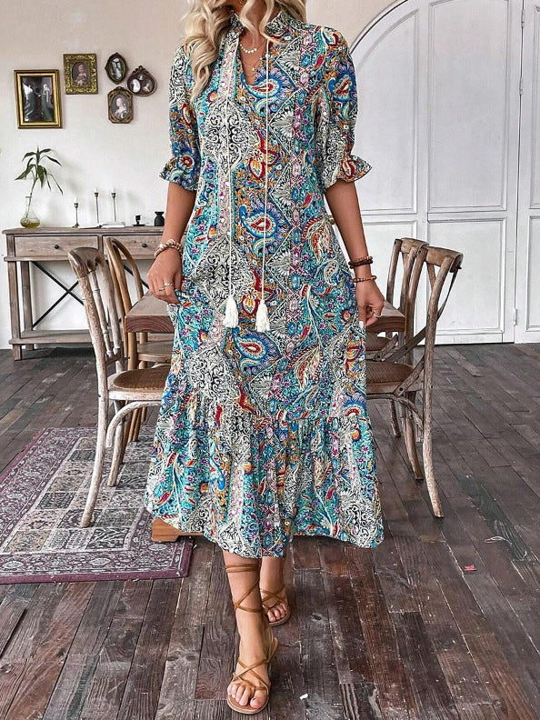 Sommerkleid Damen - Elegantes V-Ausschnitt Blumenmuster für warme Tage