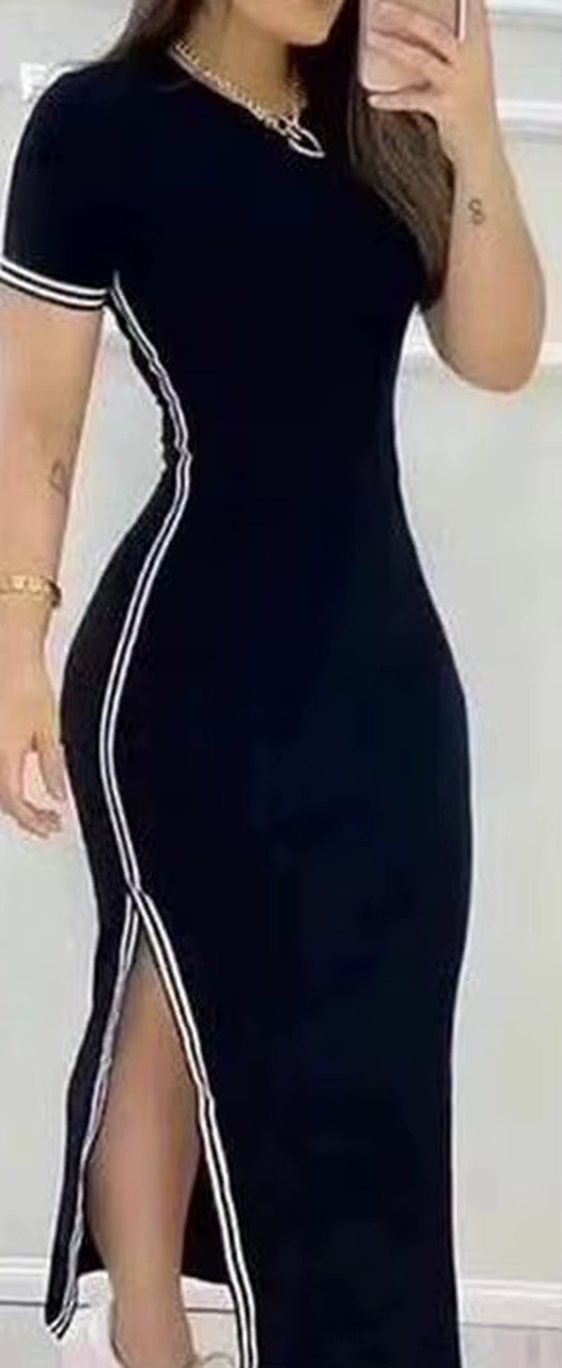 Womens DressesSummer Fashion Striped High Slit Casual O-Neck Short Sleeve Daily Skinny Maxi a Line Dress Woman Clothing
