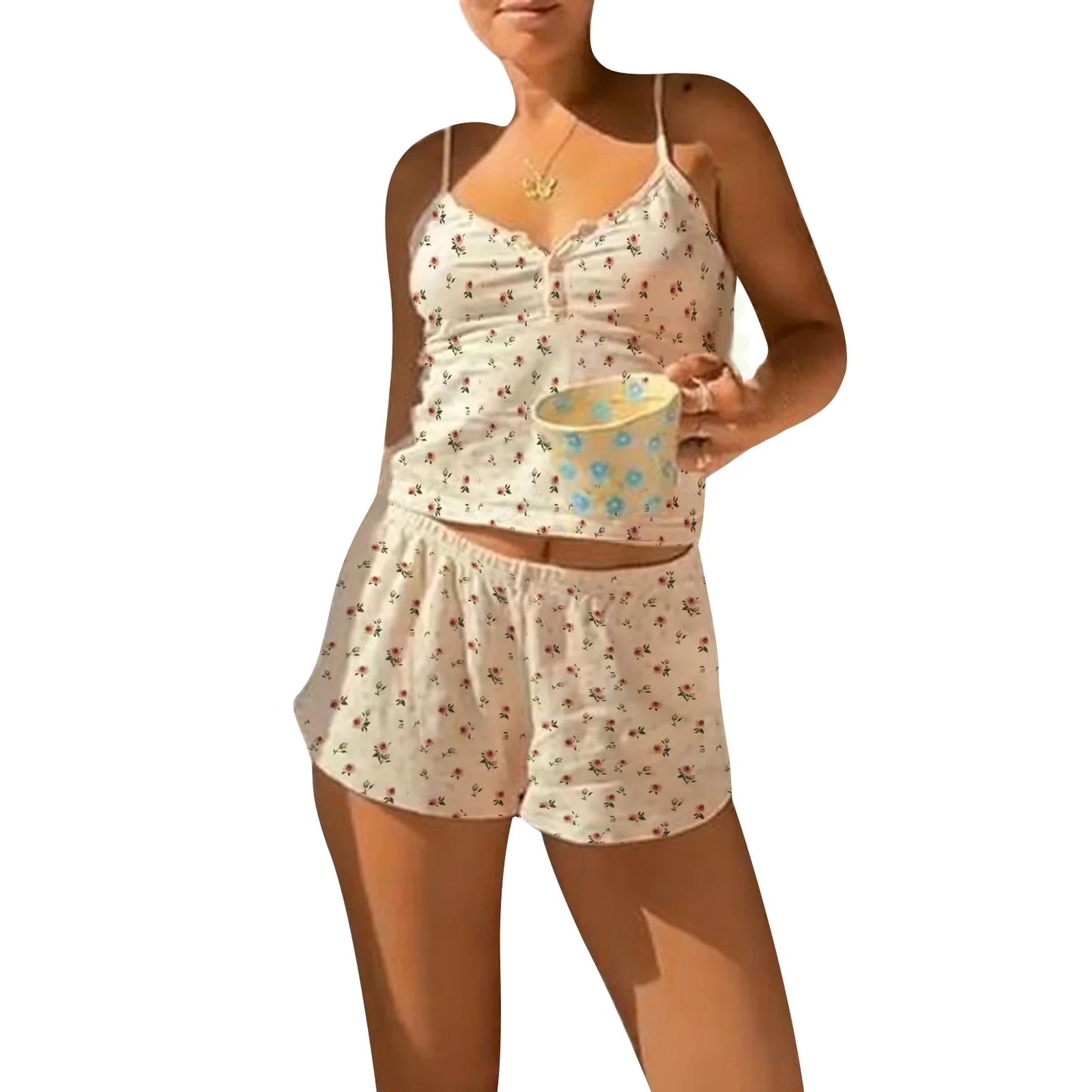 Two Piece Set Floral Print Sleeveless Cami Crop Tops Elastic Waist Shorts Pajama