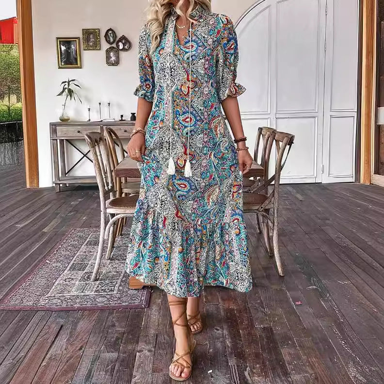 Sommerkleid Damen - Elegantes V-Ausschnitt Blumenmuster für warme Tage