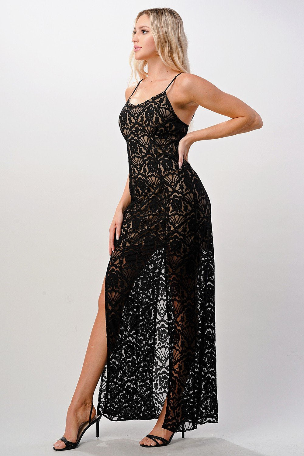 Elegant Black Lace Maxi Dress with Side Slit