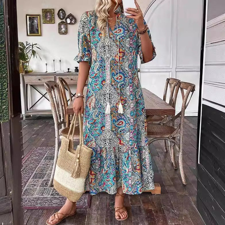 Sommerkleid Damen - Elegantes V-Ausschnitt Blumenmuster für warme Tage