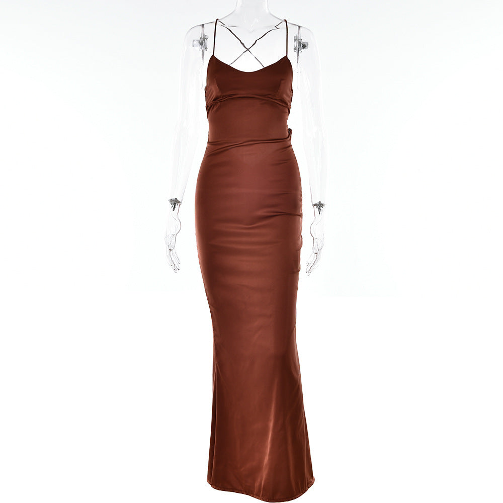 Women's  ribbon satin dress fall new fashion halter strap waist full skirt