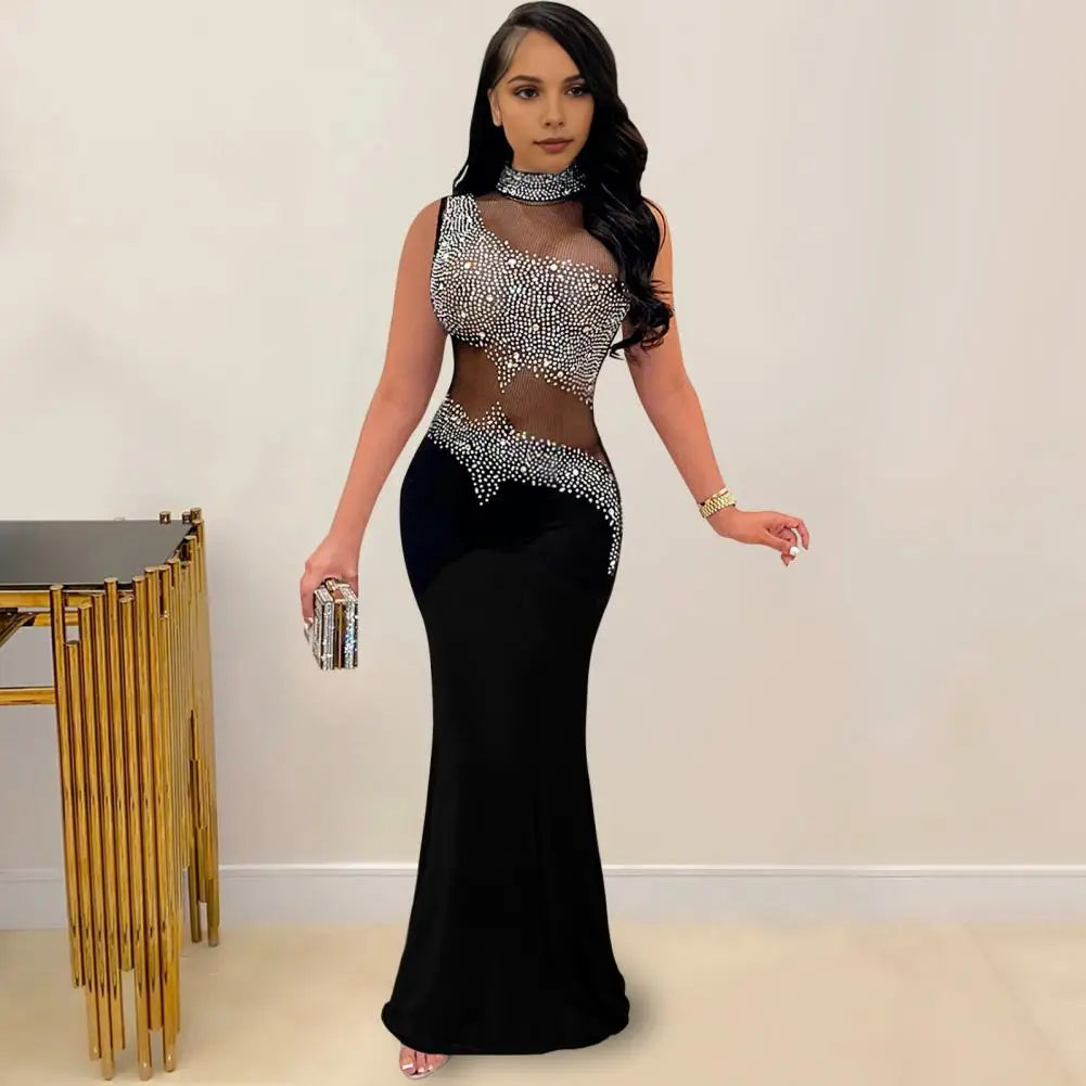 Women Lady Maxi Dress Elegant Rhinestone Decor Embellished
