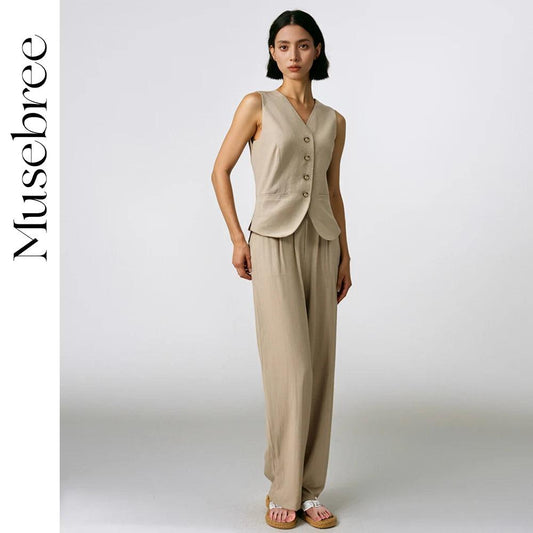 Linen Color Vest Pants Ladies Loose Simple Sleeveless Top Long Pants Summer