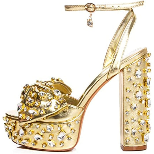 Colored Gems Pink Platform Sandals With Bowknot Women Sparkly High Block Heels Shoes
