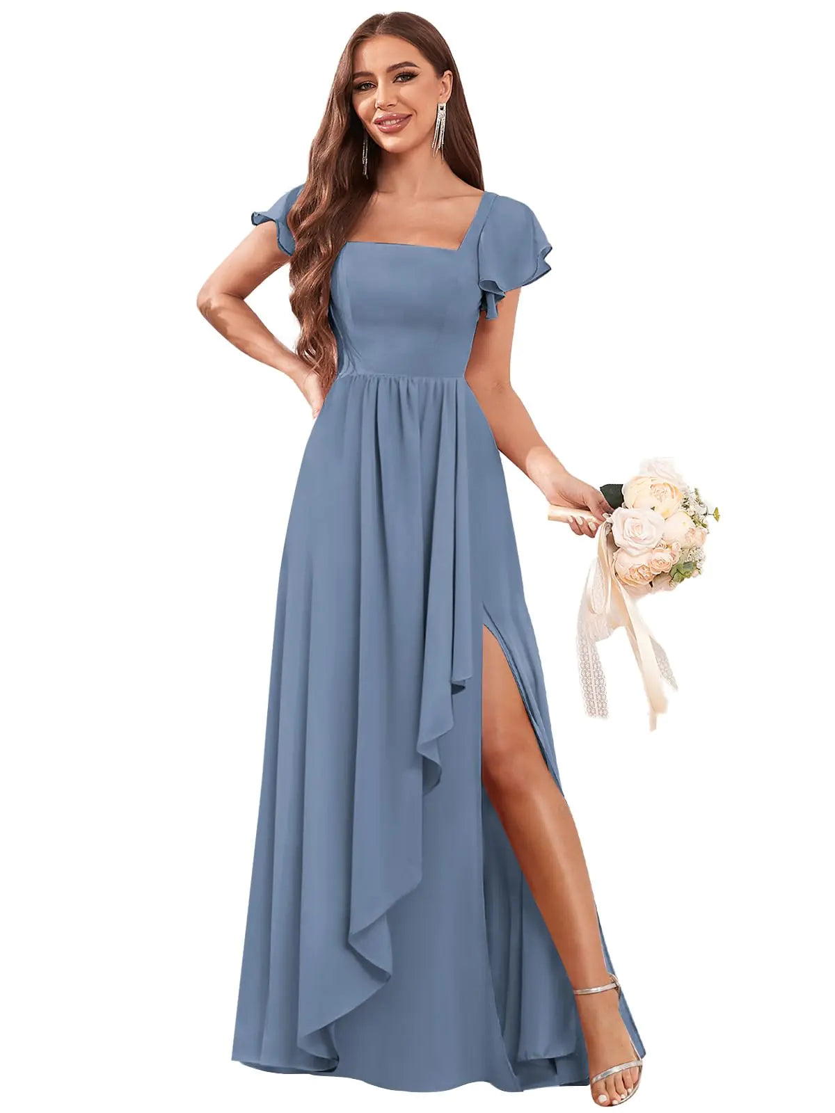 Trifetcrow Long Formal Dusty Blue Bridesmaid Dresses for Women Chiffon Ruffle Square Neck Evening Gowns with Slit Size 14