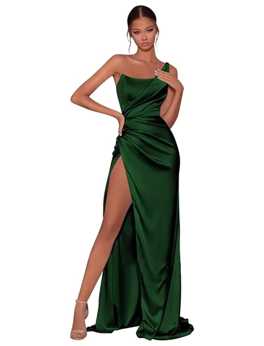 Sevintage Satin Pleated Prom Dresses for Women 2025 Long One Shoulder Bridemsmaid Dresses with Slit Emerald Green Formal Evening Party Gowns Size 8