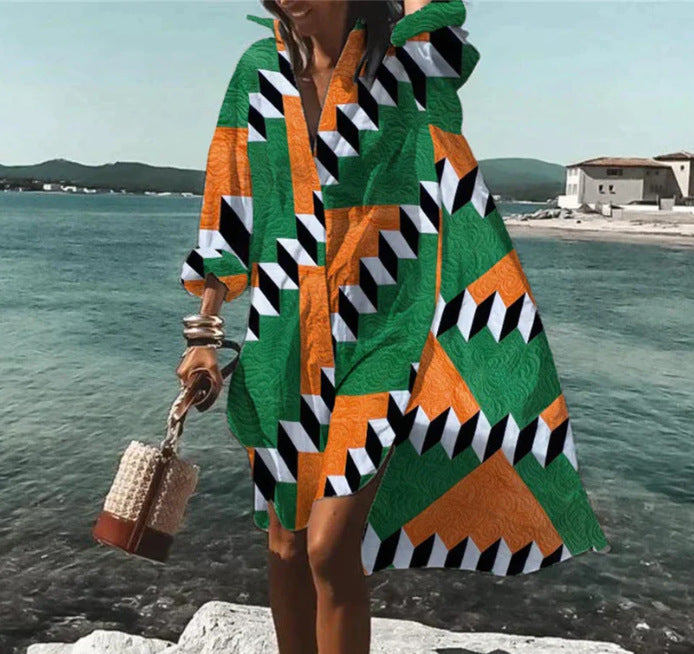 Beach Women's Loose Digital Printing Long-sleeved Lapel Shirt Dress