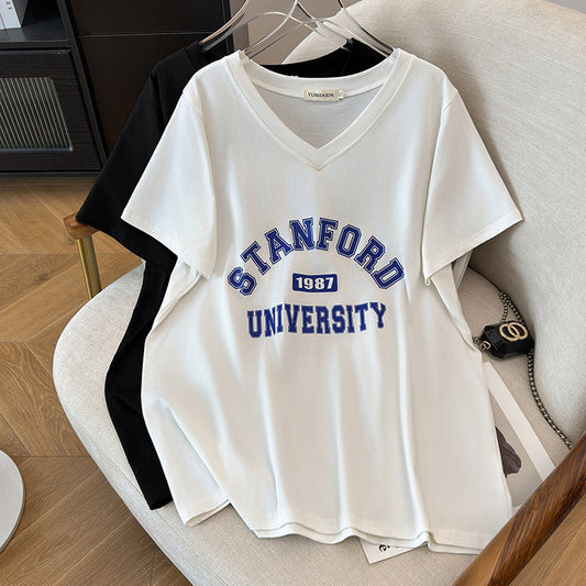 V-neck New Loose Mid-length Short Sleeve