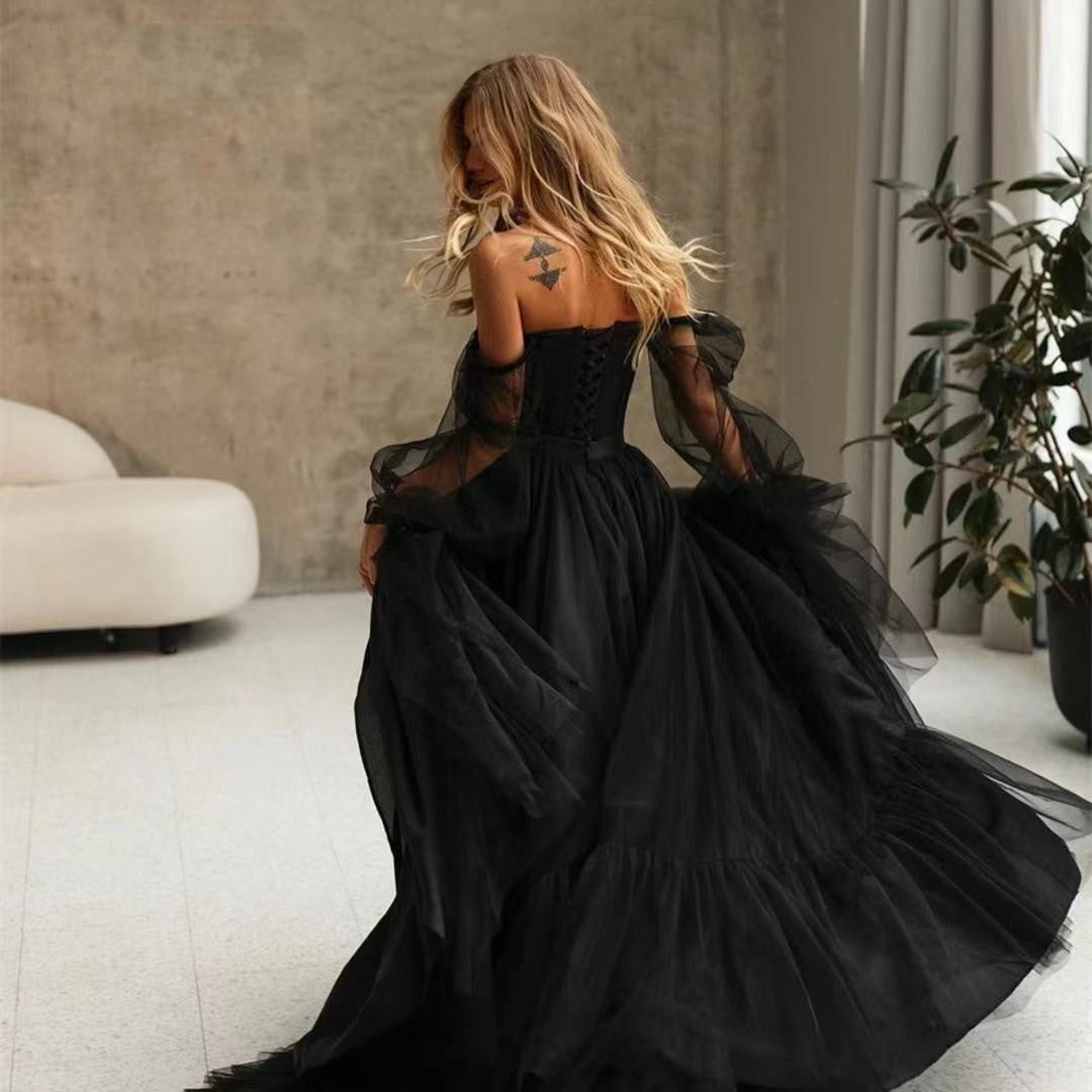Women's Long Sleeve Transparent Lace Black DRESS