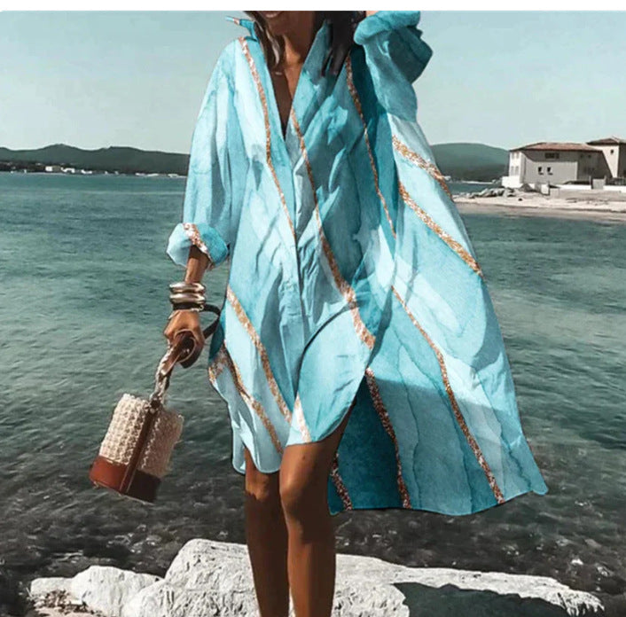 Beach Women's Loose Digital Printing Long-sleeved Lapel Shirt Dress