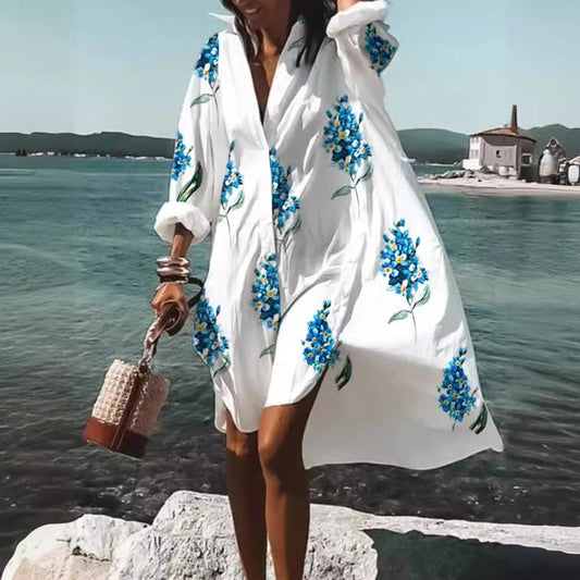 Beach Women's Loose Digital Printing Long-sleeved Lapel Shirt Dress
