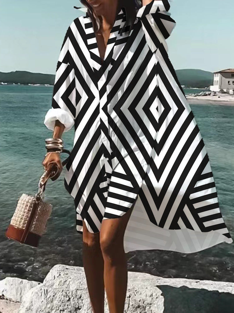 Beach Women's Loose Digital Printing Long-sleeved Lapel Shirt Dress