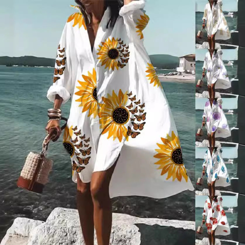 Beach Women's Loose Digital Printing Long-sleeved Lapel Shirt Dress