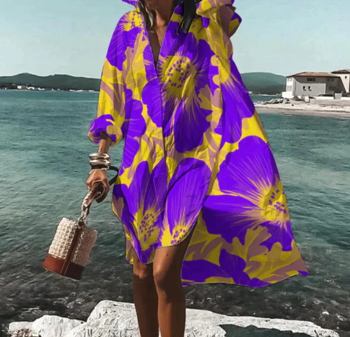 Beach Women's Loose Digital Printing Long-sleeved Lapel Shirt Dress
