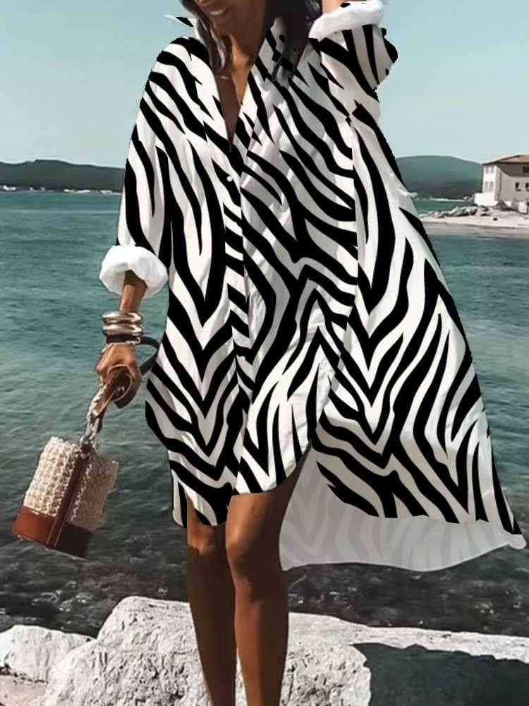 Beach Women's Loose Digital Printing Long-sleeved Lapel Shirt Dress