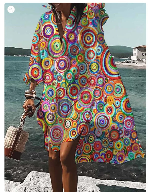Beach Women's Loose Digital Printing Long-sleeved Lapel Shirt Dress