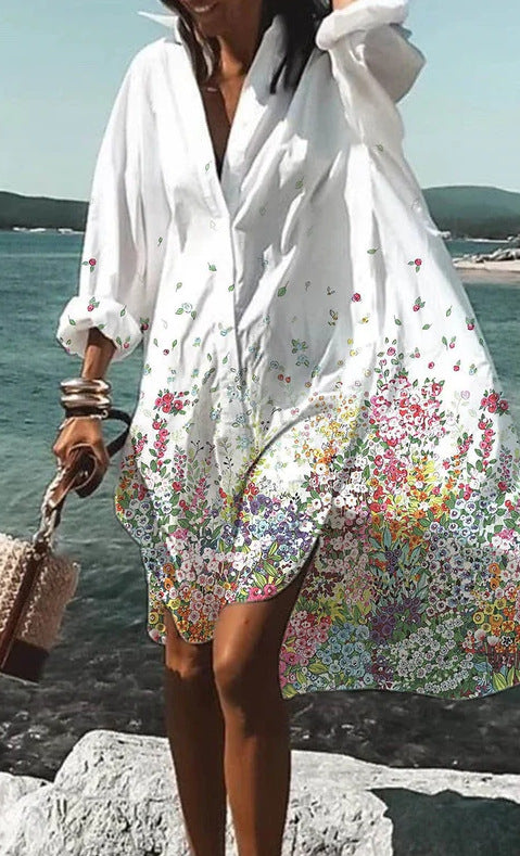 Beach Women's Loose Digital Printing Long-sleeved Lapel Shirt Dress