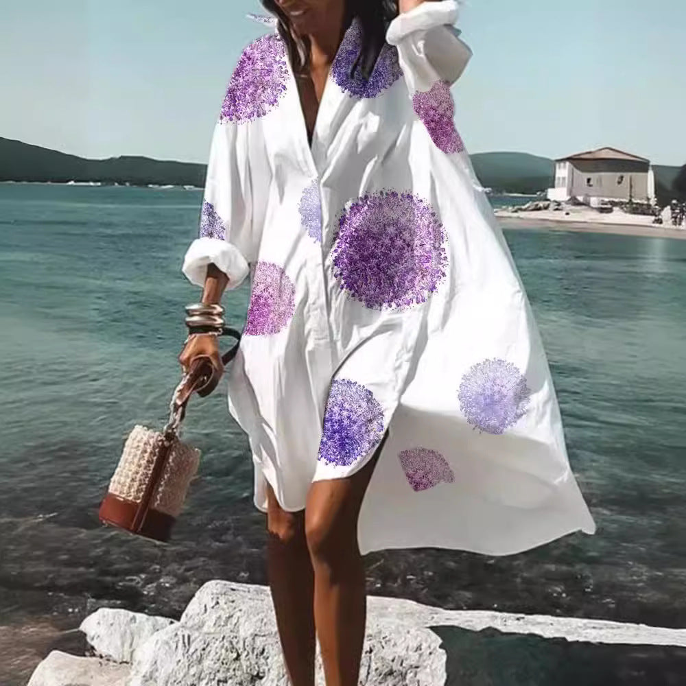 Beach Women's Loose Digital Printing Long-sleeved Lapel Shirt Dress