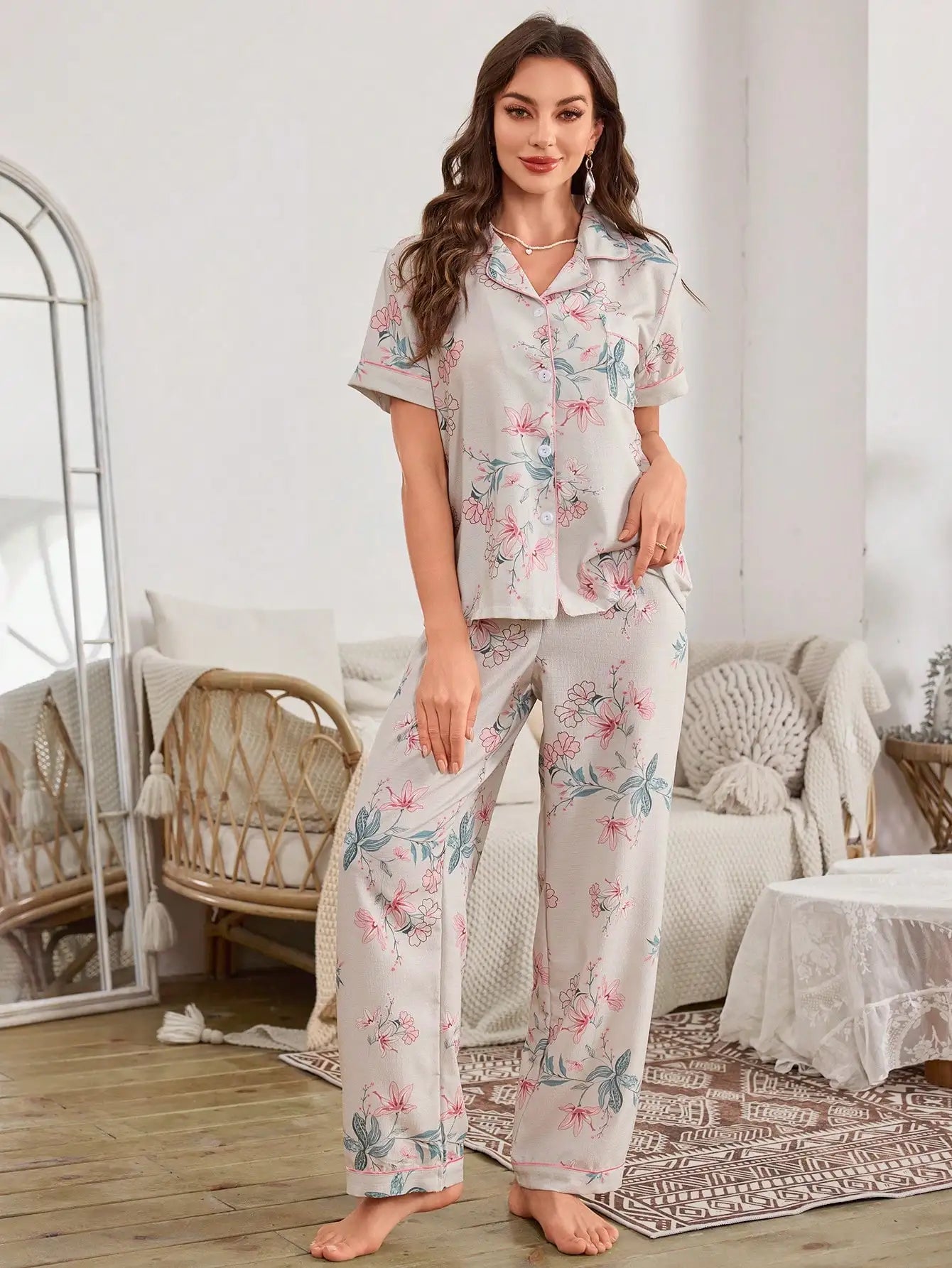 Elegant Summer Women's Bubble Crepe Short Sleeve Pajama Set
