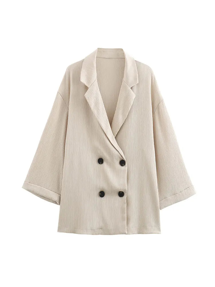 Blazer Coat Pants Set Long Sleeve Double Breasted Blazer + Wide Leg Trousers Lady Office