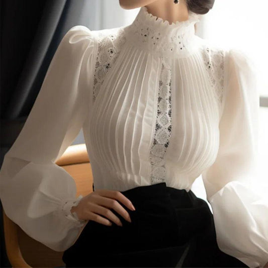 New White Hollow Out Temperament Shirt Tops Long Sleeve Solid Patchwork