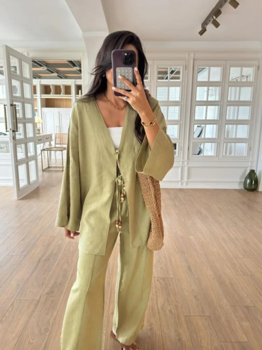 Casual Beading Lace Up Shirt Pants Set Women