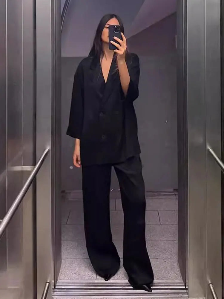 Blazer Coat Pants Set Long Sleeve Double Breasted Blazer + Wide Leg Trousers Lady Office
