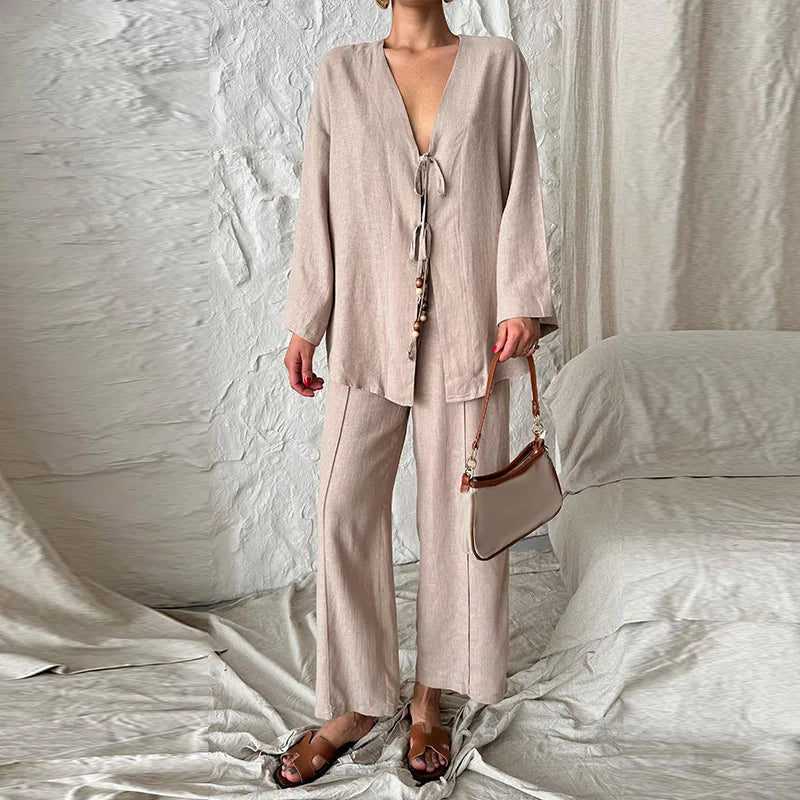 Casual Beading Lace Up Shirt Pants Set Women