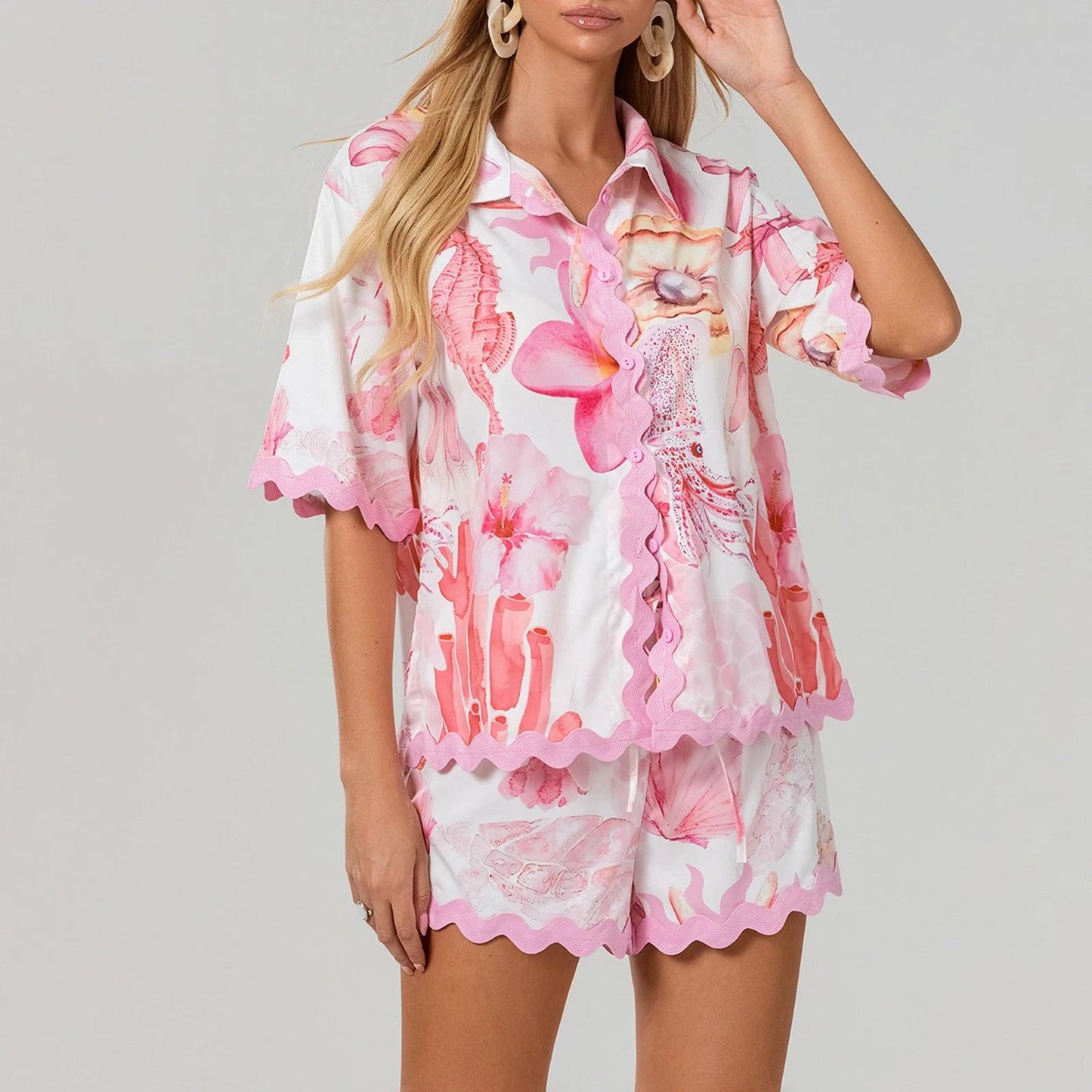 2 Piece Outfits Short Sleeve Button Down Shirt Shorts Set Y2k Summer Beach Vacation Printed Sets