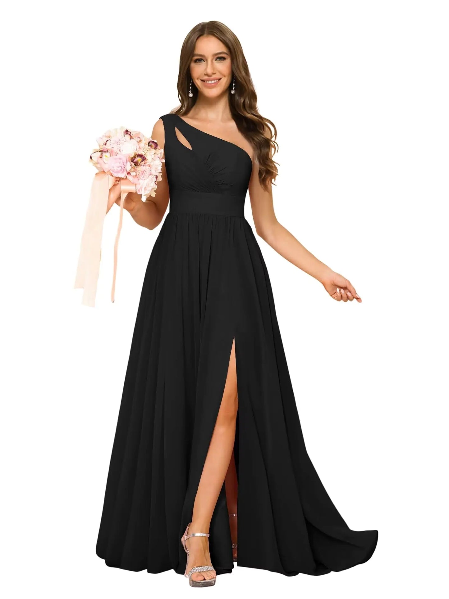 YOFF One Shoulder Bridesmaid Dresses for Wedding 2025 Long Pleated Chiffon Formal Party Dresses with Slit Black 10