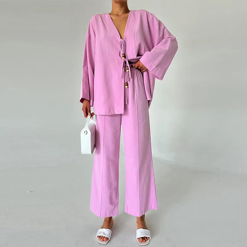 Casual Beading Lace Up Shirt Pants Set Women
