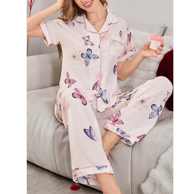 Elegant Summer Women's Bubble Crepe Short Sleeve Pajama Set