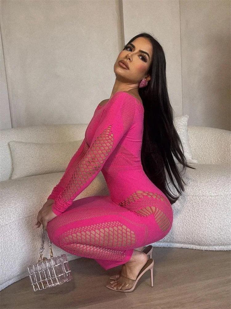 Weird Puss Hollow Dress Woman Long Sleeve Sheath See Through Solid Thin Trend Coquette Chic Party Clubwear