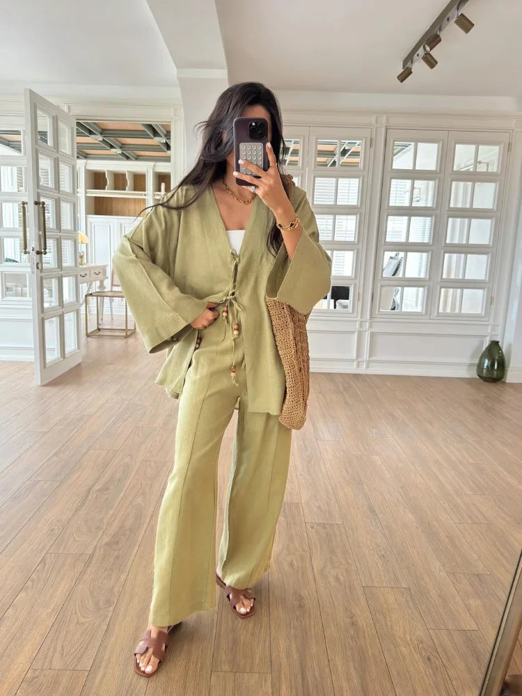 Casual Beading Lace Up Shirt Pants Set Women