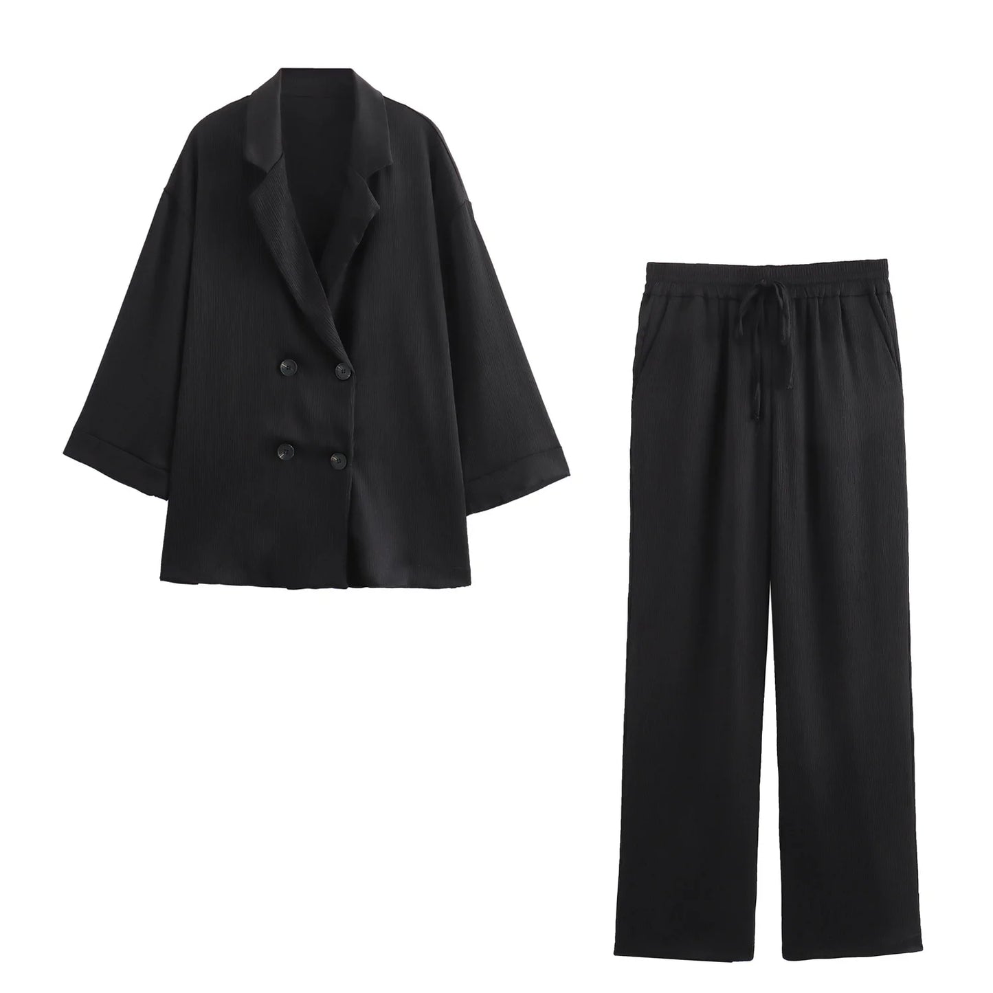 Blazer Coat Pants Set Long Sleeve Double Breasted Blazer + Wide Leg Trousers Lady Office