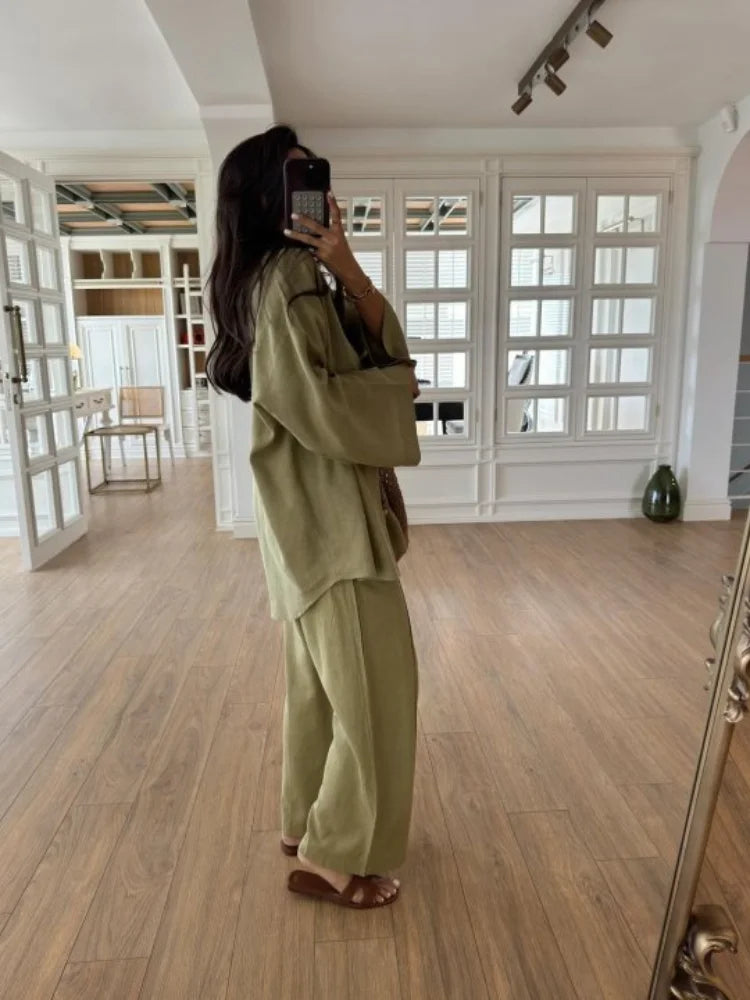 Casual Beading Lace Up Shirt Pants Set Women