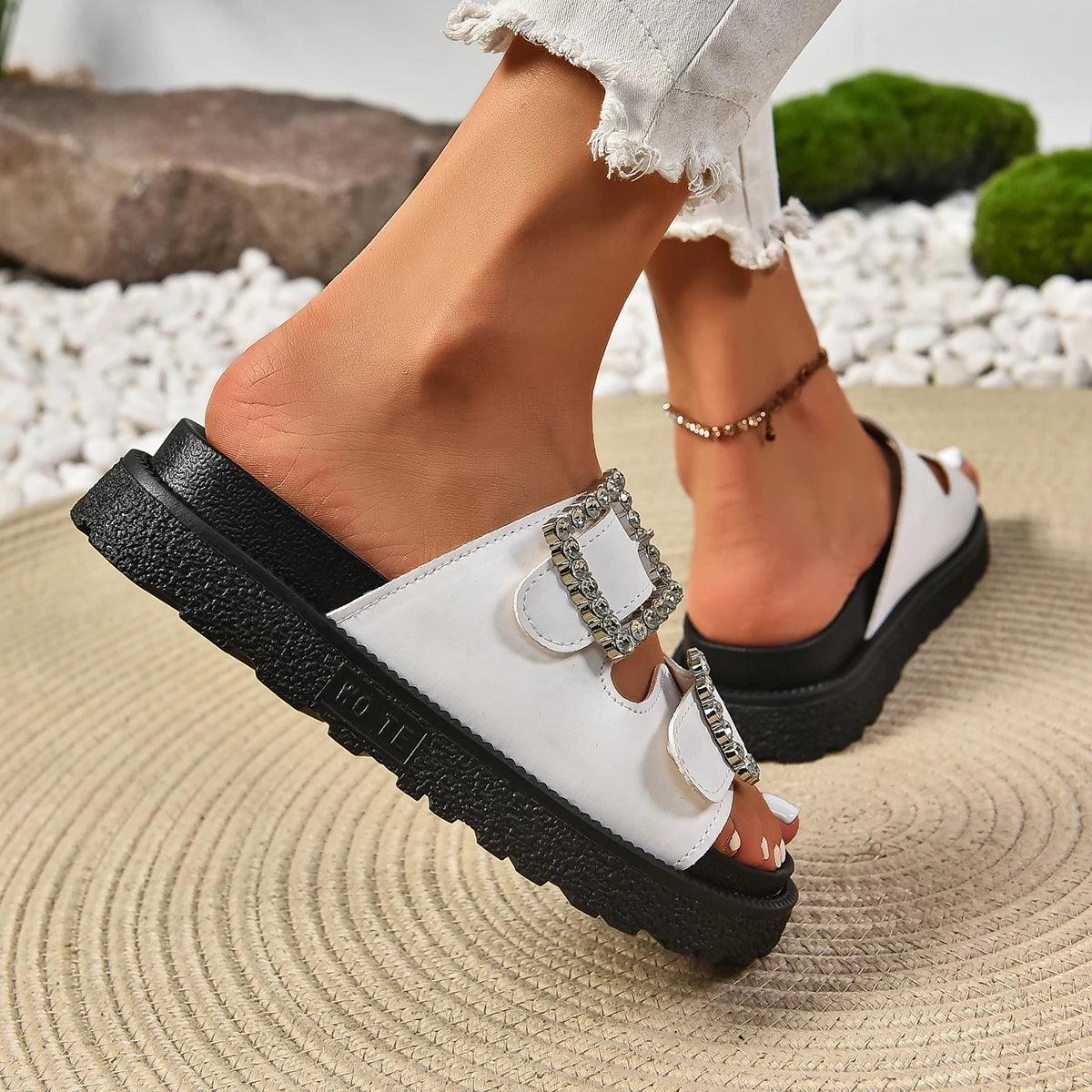 Fashionable Thick-soled Sandals for Women's Outer Wear Summer New Casual Beach Shoes Casual Rhinestone Double-strap Slippers