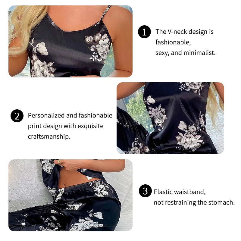 Women's Sleepwear Floral Print Satin Pajama Set Summer Elegant V Neck Backless