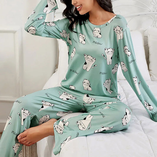 Women's Cute Pajamas Set Green Cat Print Long Sleeve Top & Pants
