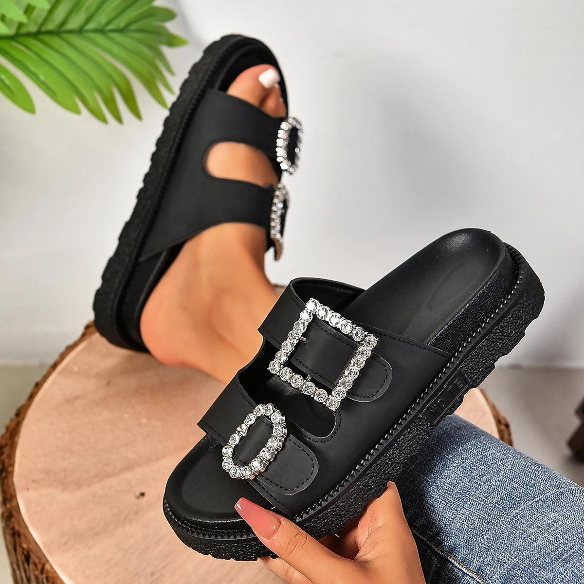 Fashionable Thick-soled Sandals for Women's Outer Wear Summer New Casual Beach Shoes Casual Rhinestone Double-strap Slippers