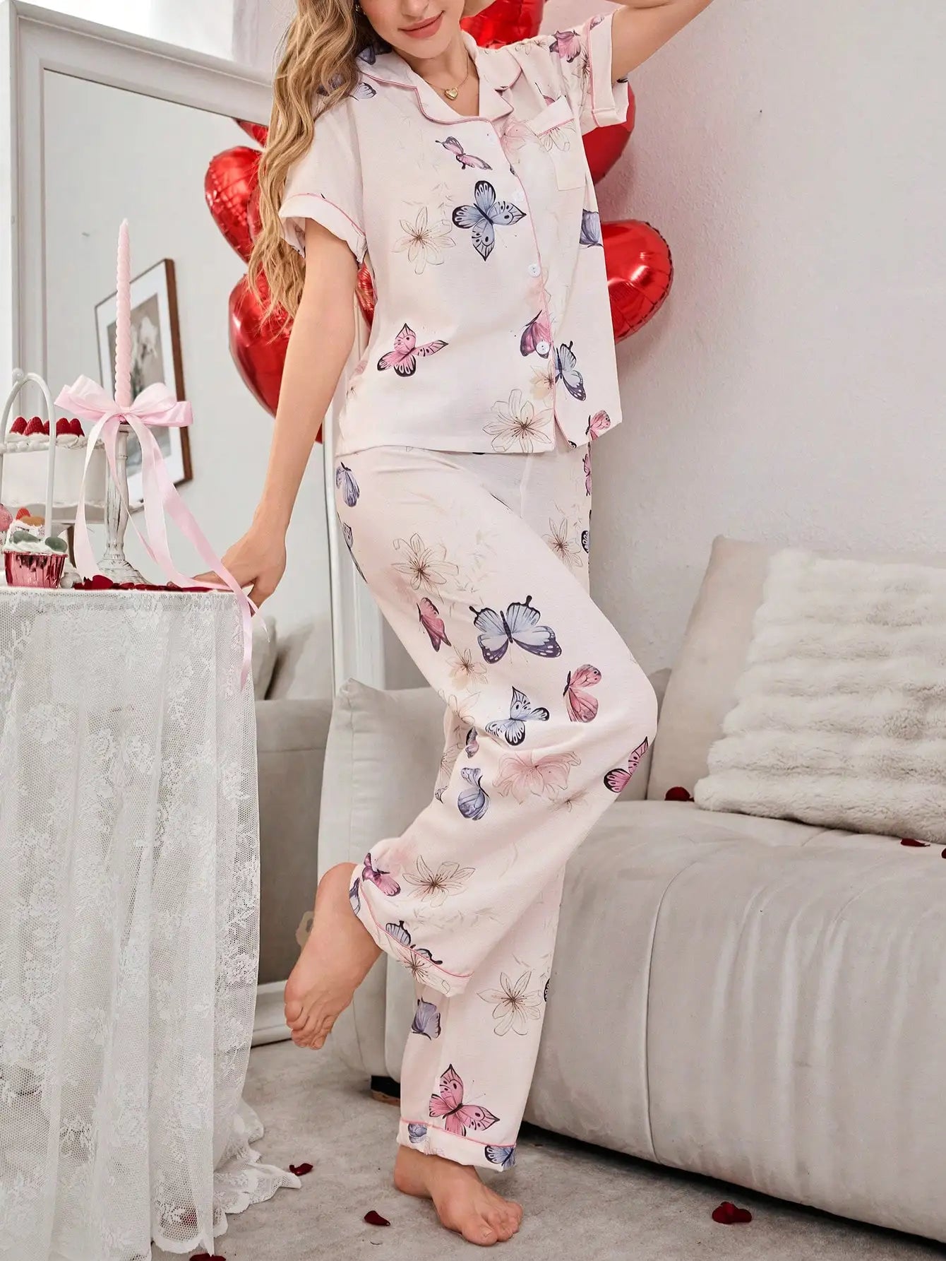 Elegant Summer Women's Bubble Crepe Short Sleeve Pajama Set