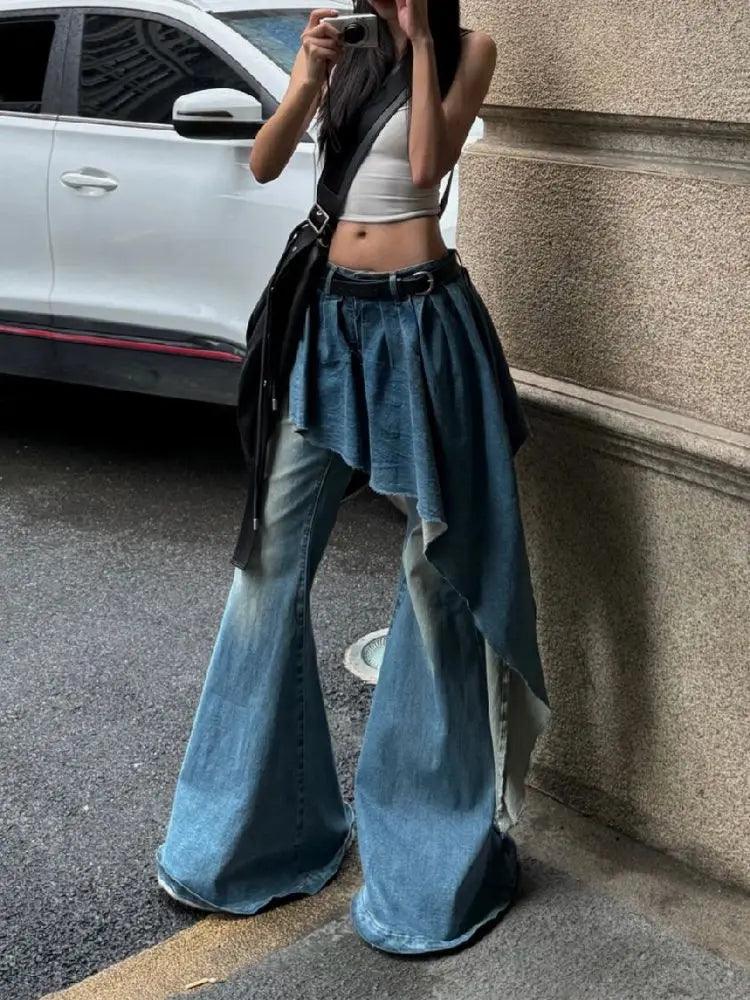 Y2K Retro Washed Design Splicing Fake Two-piece Blue Jeans Women's Popular Loose Sexy