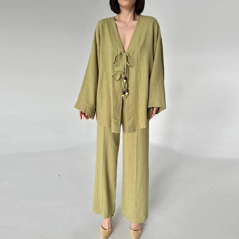 Casual Beading Lace Up Shirt Pants Set Women