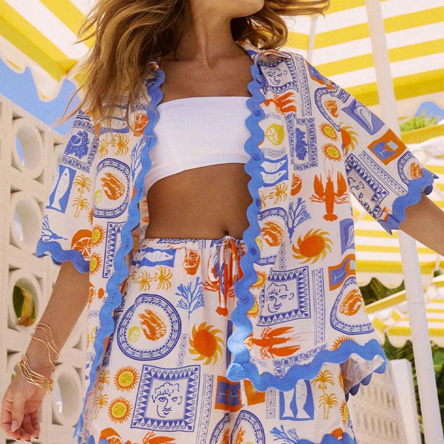 2 Piece Outfits Short Sleeve Button Down Shirt Shorts Set Y2k Summer Beach Vacation Printed Sets