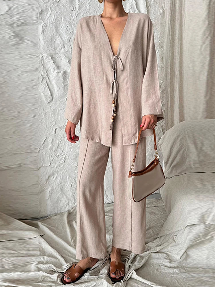 Casual Beading Lace Up Shirt Pants Set Women