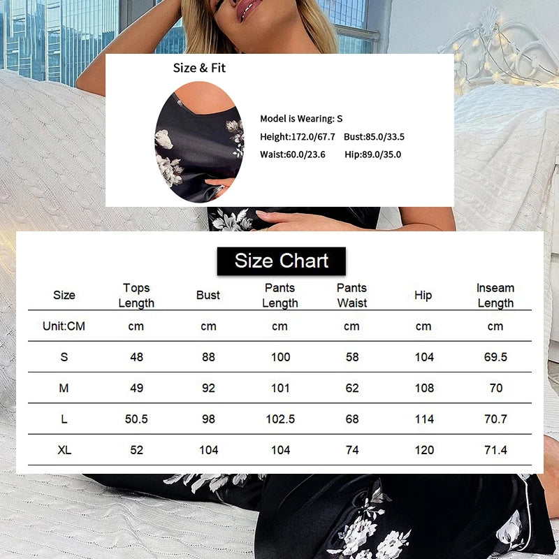 Women's Sleepwear Floral Print Satin Pajama Set Summer Elegant V Neck Backless
