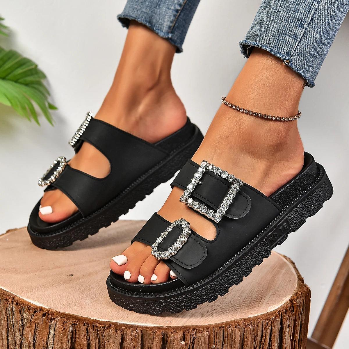 Fashionable Thick-soled Sandals for Women's Outer Wear Summer New Casual Beach Shoes Casual Rhinestone Double-strap Slippers
